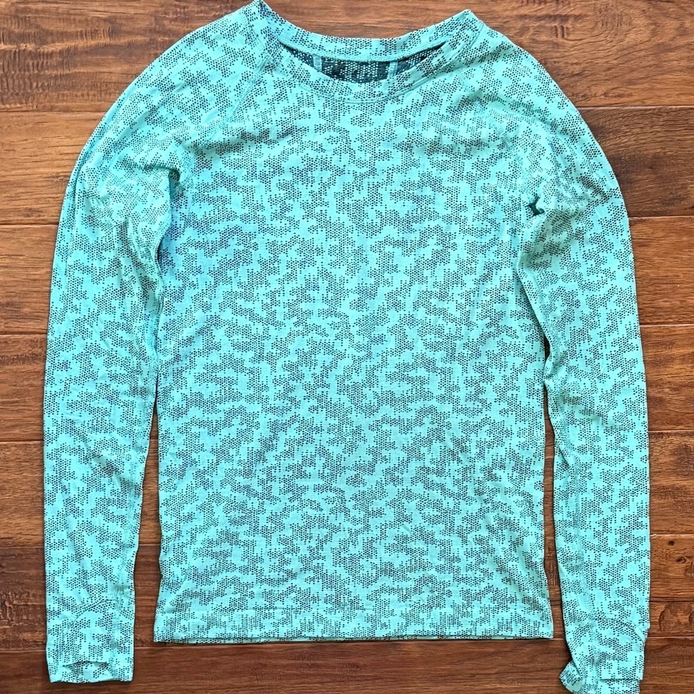 Athleta Momentum Seamless Top Printed Teal Black Design Long Sleeve, Small